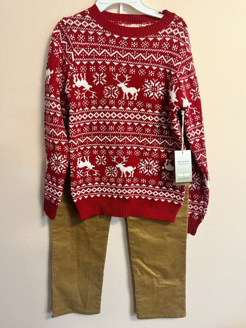 NWT Stitch & Stone Boys Size 12 Holiday Reindeer Fair Isle Sweater & Corduroy